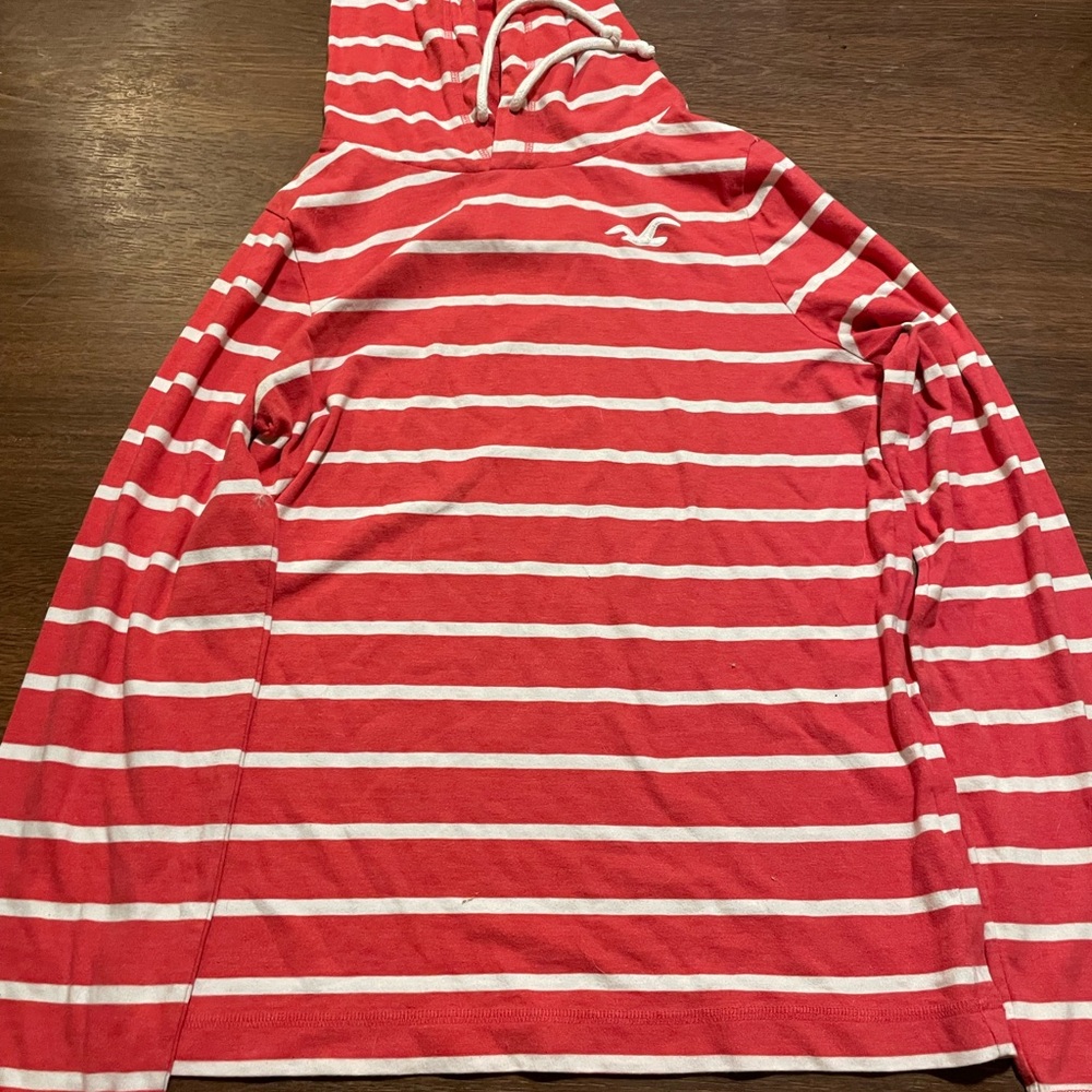 Hollister Red and White Striped Hooded Pullover